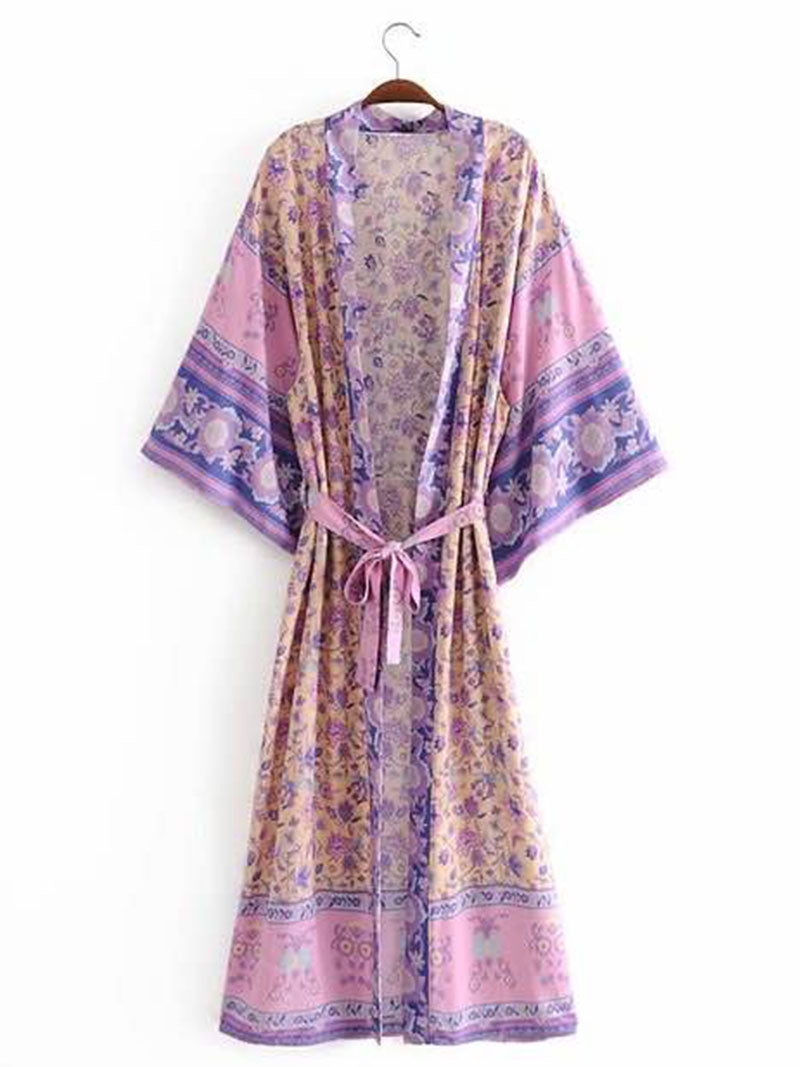 Evatrends cotton gown robe printed kimonos, Outerwear, Cotton, Nightwear, long kimono, Board Sleeves, loose fitting, Floral print, Belted