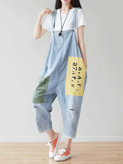 Dungarees cotton denim ripped jeans floral vintage retro style overall, Denim Cotton 91%-99%, Adjustable Straps, Cropped Pant