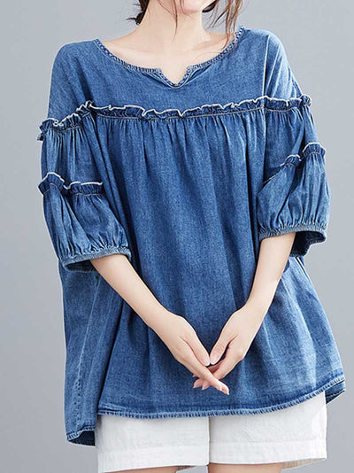 Evatrends Cotton Denim Top, Summer wear, Short sleeves, Plain top, Round / V Neck, shirt Top, Wear With Jeans pant or Trouser