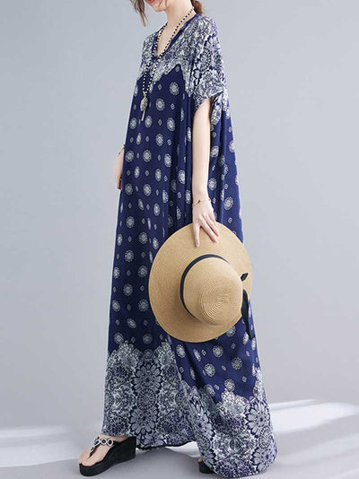 Evatrends kaftan, Rayon, V-neck, Printed, Short sleeves, Printed Kaftan Dress, Floral Print, Loose Waist, Long Dress, Beachwear Dress