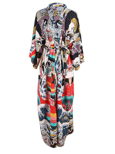 Evatrends cotton gown robe printed kimonos, Outerwear, Polyester, chiffon, Nightwear, long kimono, long Sleeves, loose fitting, Floral, Girl Print, belted