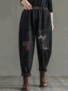 Denim Black Jogger Pants With Patchwork and Elastic Waist