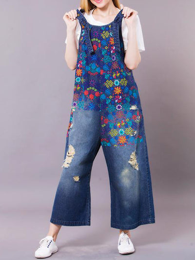 Dungarees cotton denim ripped jeans floral vintage retro style overall