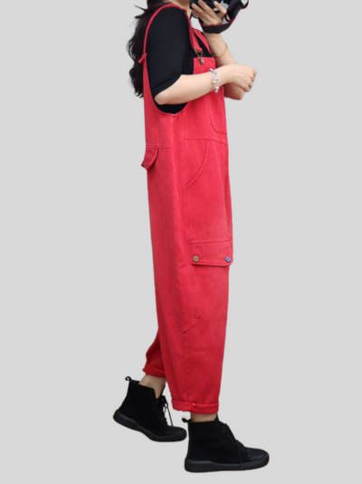 Women's Red Denim Overalls