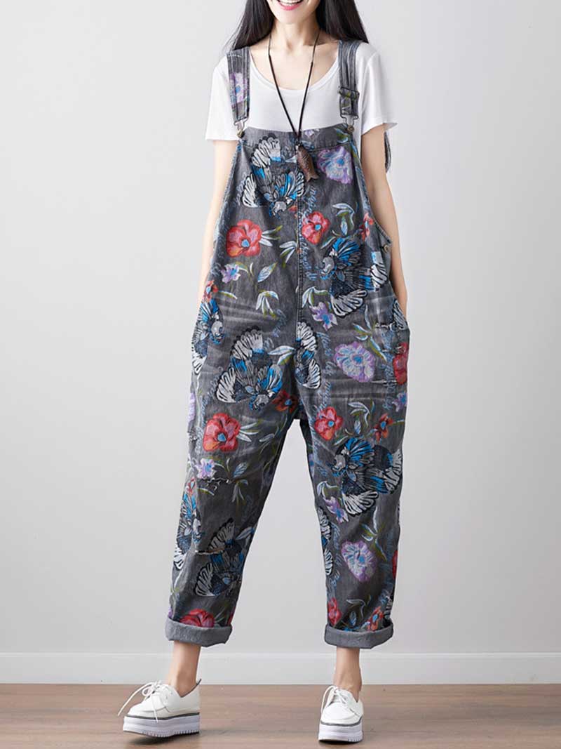 Dungarees cotton denim Printed ,vintage retro style overall, Adjustable straps, double side pockets, comfortable overall, Floral cropped overall