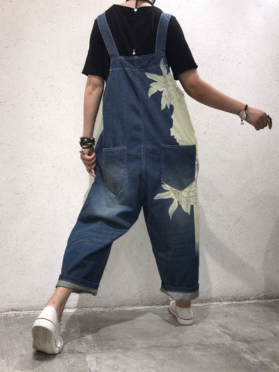 Dungarees cotton denim ripped jeans floral vintage retro style overall