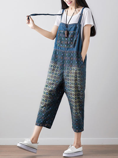 Dungarees, cotton denim, floral, vintage, style overall, Short Sleeves, Non-Stretchable