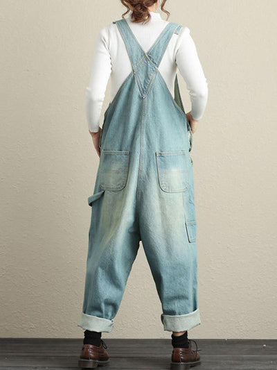 Dungarees cotton denim ripped jeans floral vintage retro style overall