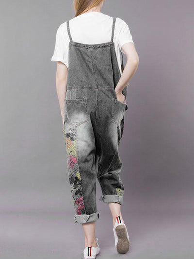 Dungarees cotton denim ripped jeans floral vintage retro style overall