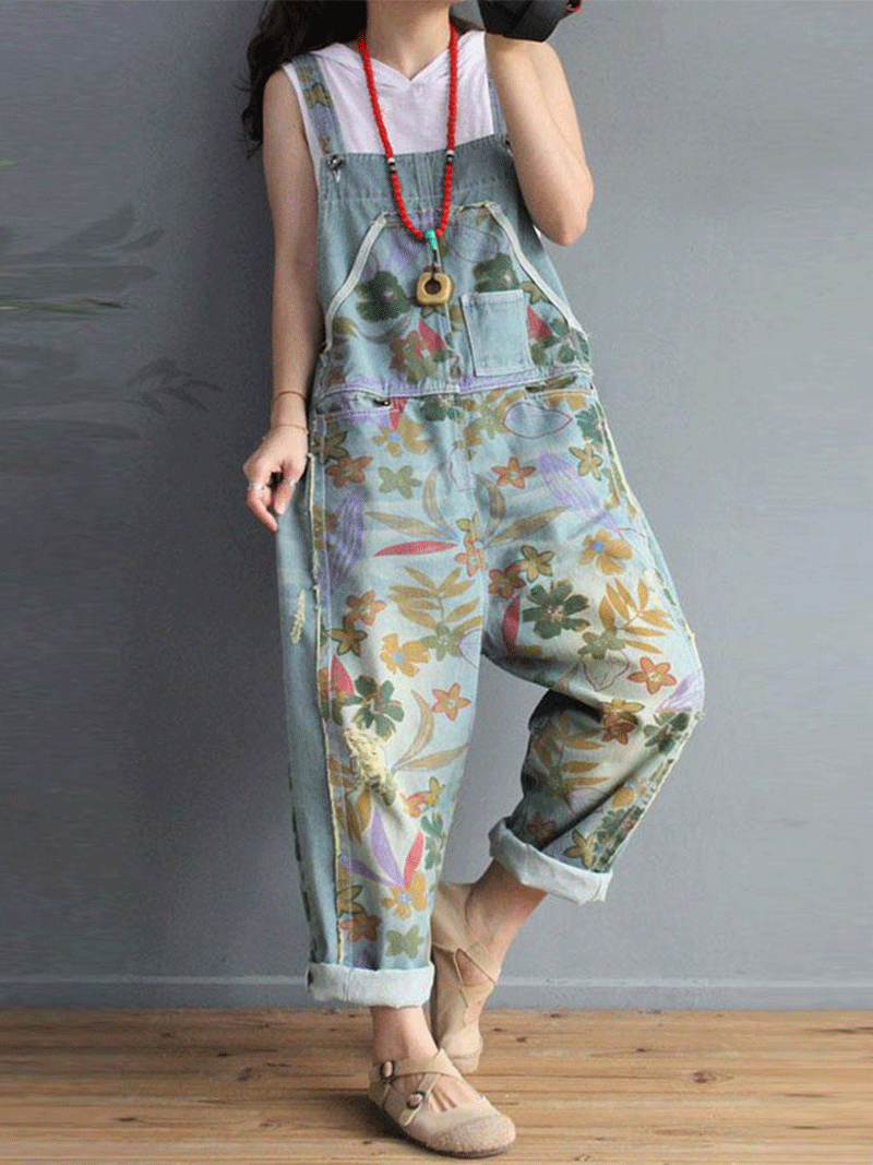 Dungarees, cotton denim, floral print, vintage retro style overall, Front and Back Pockets, Non-Stretchable, Thick, Double Side Pockets, Sleeveless