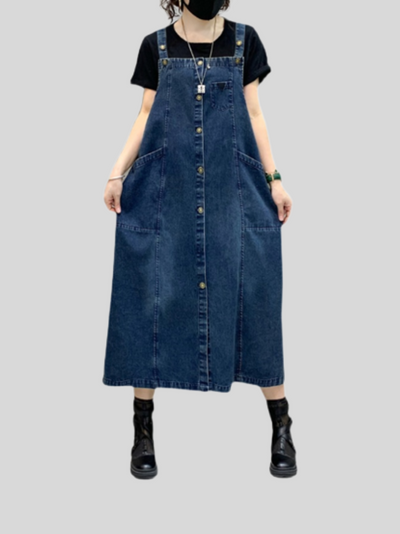 Women's Denim Midi-Length Over-The-Knee Casual Salopette Dress