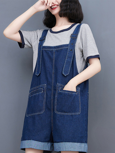 Women's Ripped Frayed Pockets Denim Shorts Romper Jumpsuit Dungarees