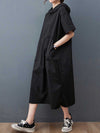 Hooded Plain Double Side Pocket Mid Dress