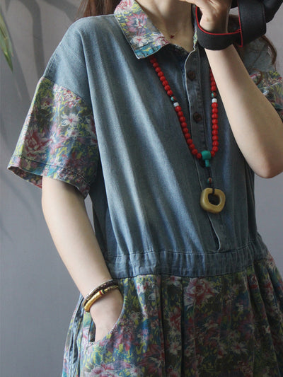 Dungarees, cotton denim, floral, vintage, style overall, Short Sleeves, Front Button, Elasticated Waist & Cuffs, Non-Stretchable