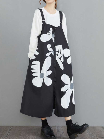 Cotton Floral Black Slope Midi Dress