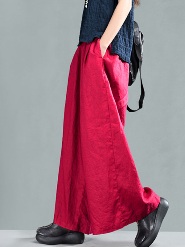 بنطلون Harriett Vintage كاجوال من الكتان بخصر مطاطي وساق واسعة وجيوب