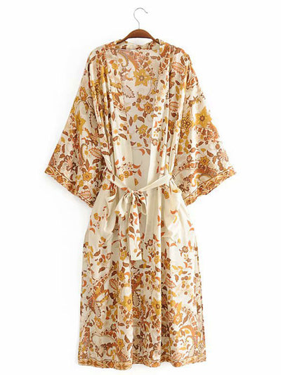 Evatrends cotton gown robe printed kimonos, Outerwear, cotton, Nightwear, long kimono, Board Sleeves, Double pocket, loose fitting, Floral print, Belted