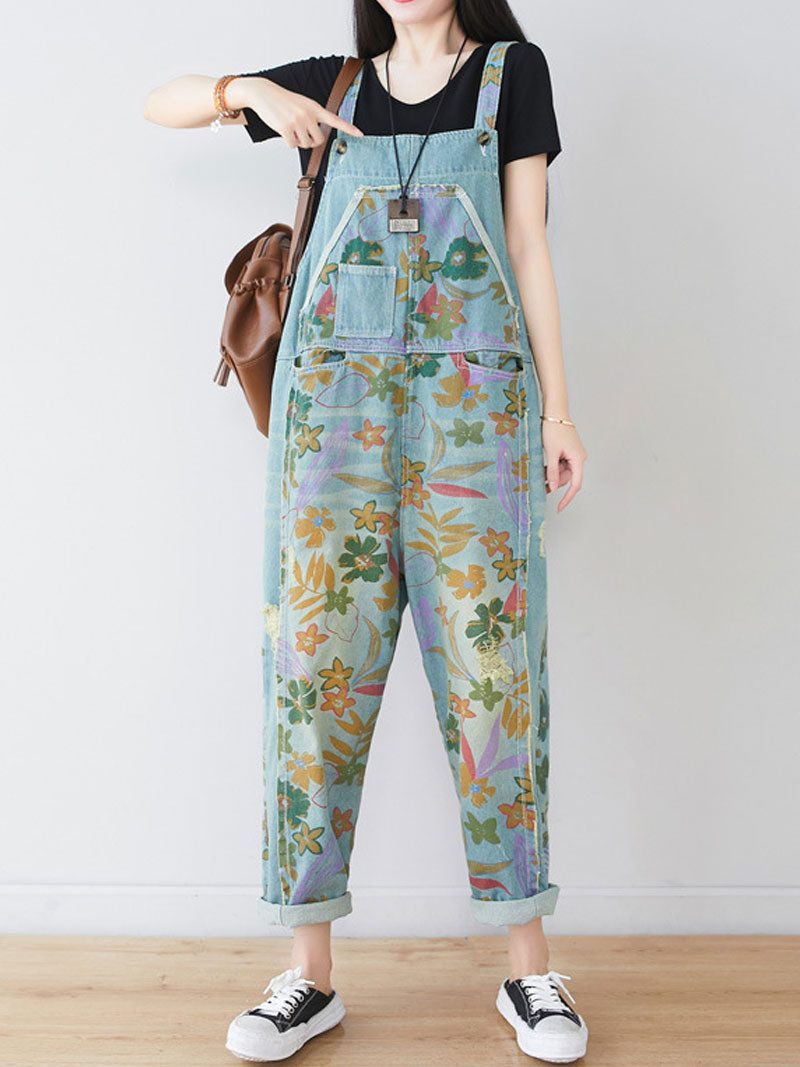 Dungarees cotton denim, floral, vintage retro style overall, Printed