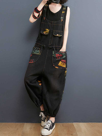 Denim Print Nine-Point Pants High Waist Overalls Dungaree