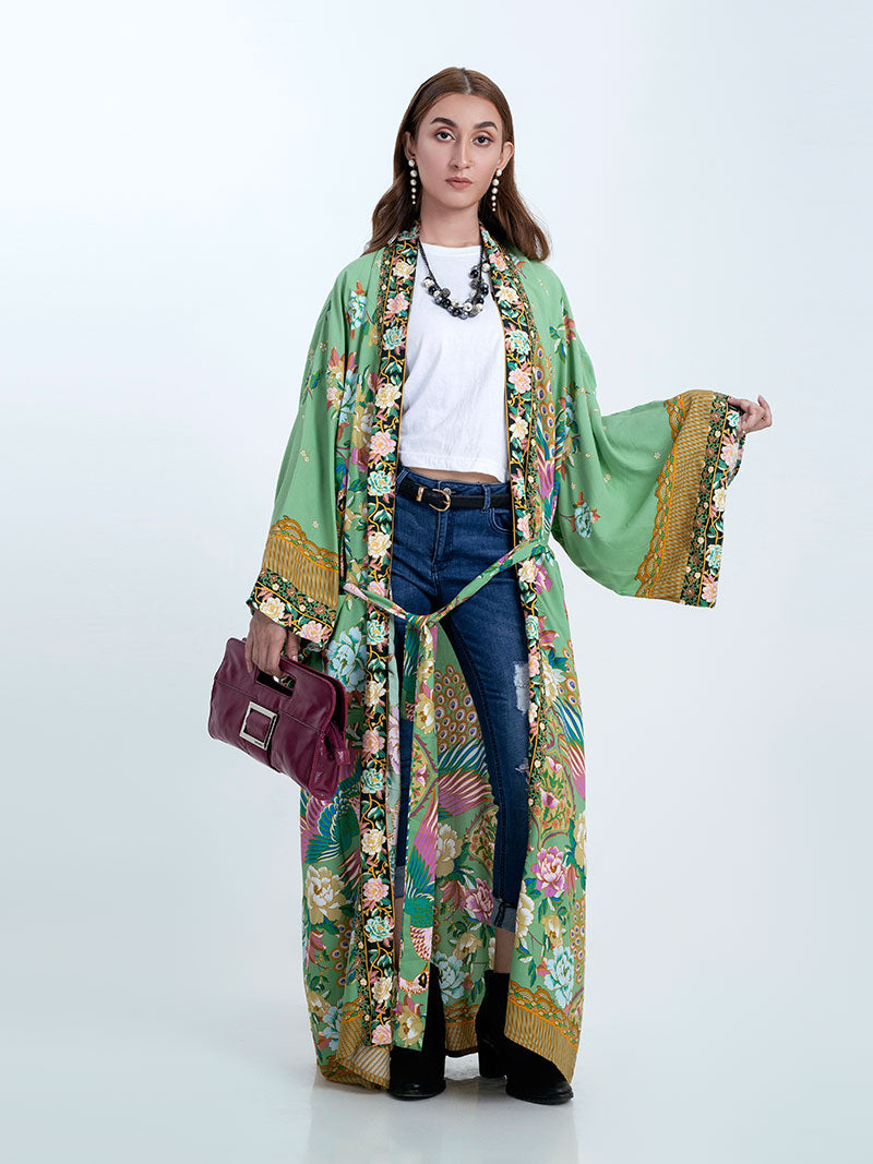 Evatrends cotton gown robe printed kimonos, Outerwear, cotton, Nightwear, long kimono, Long Sleeves, loose fitting, Floral Print with birds print, Belted