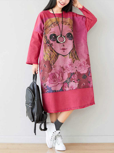 Give Me a Memory Round Neck Cartoon Sweater Midi Dress