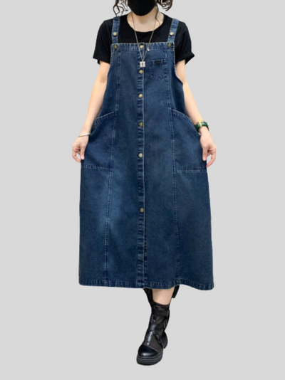 Women's Denim Midi-Length Over-The-Knee Casual Salopette Dress