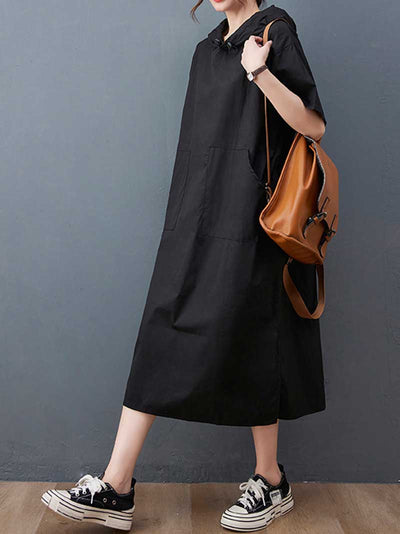 Hooded Plain Double Side Pocket Mid Dress