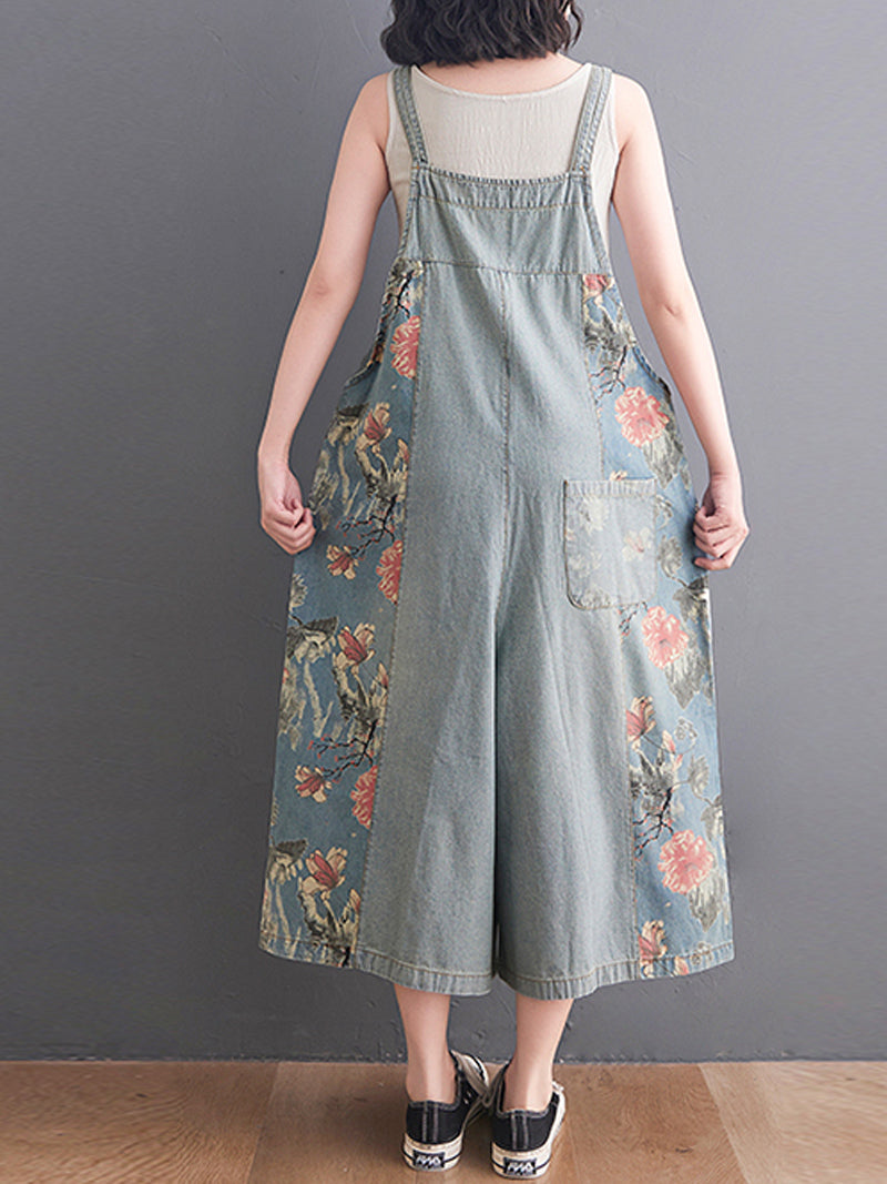 Dungarees cotton denim, Trouser, floral ,vintage retro style overall, double pockets, floral printed