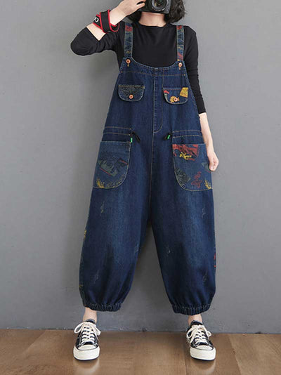 Denim Print Nine-Point Pants High Waist Overalls Dungaree