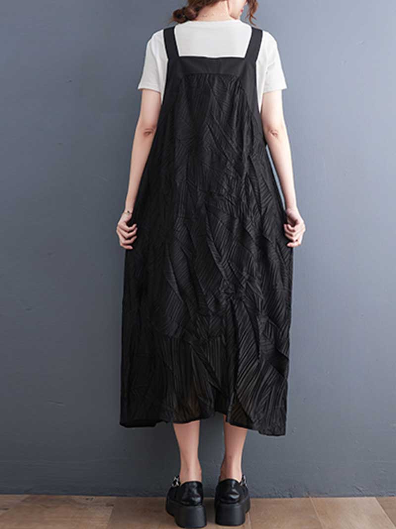 Pleated Cotton Black Color  Salopette Dress