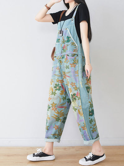 Dungarees cotton denim, floral, vintage retro style overall, Printed