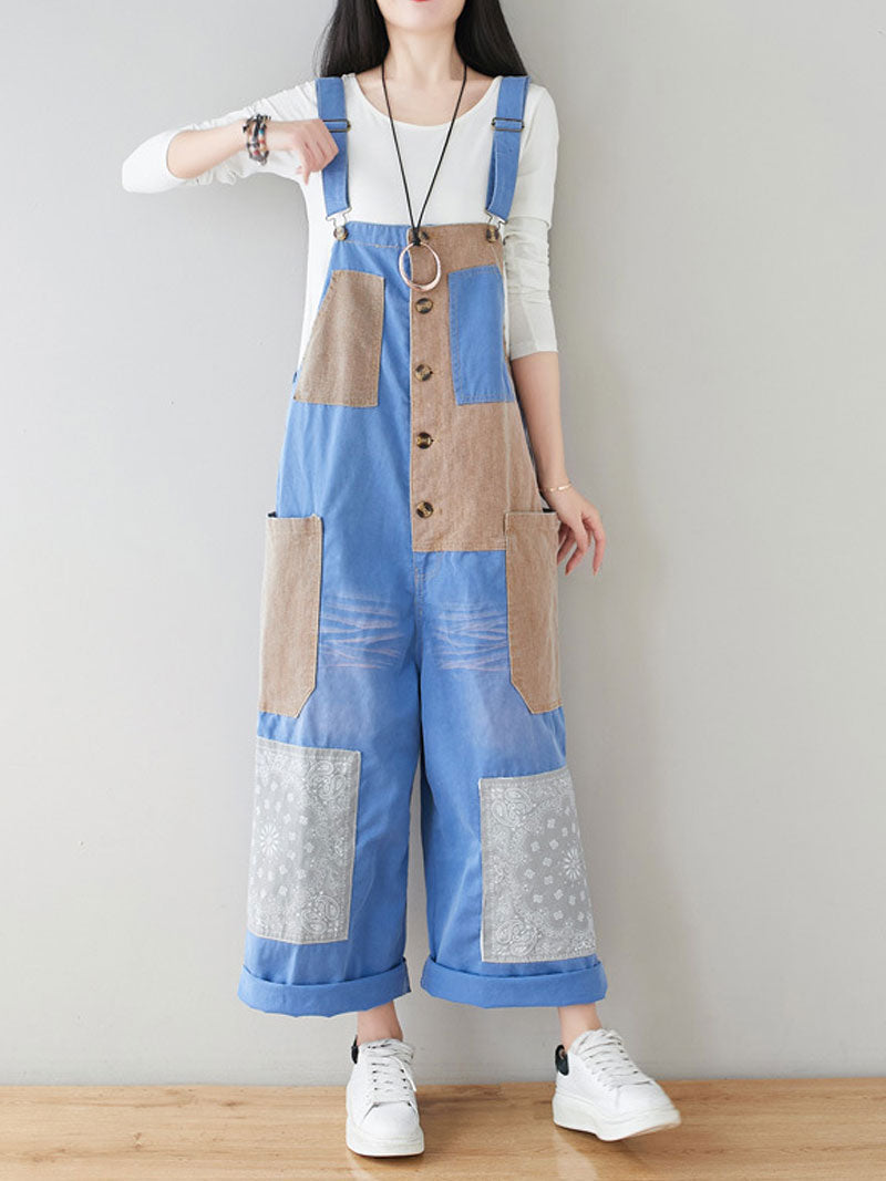 Dungarees cotton denim ripped jeans floral vintage retro style overall