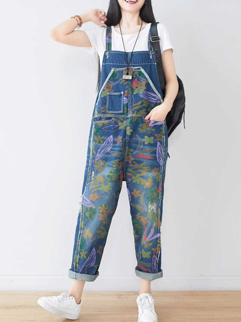 Dungarees, cotton, denim, ripped jeans, floral, vintage, retro style, overall, Wild