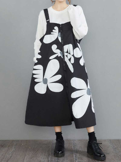 Cotton Floral Black Slope Midi Dress