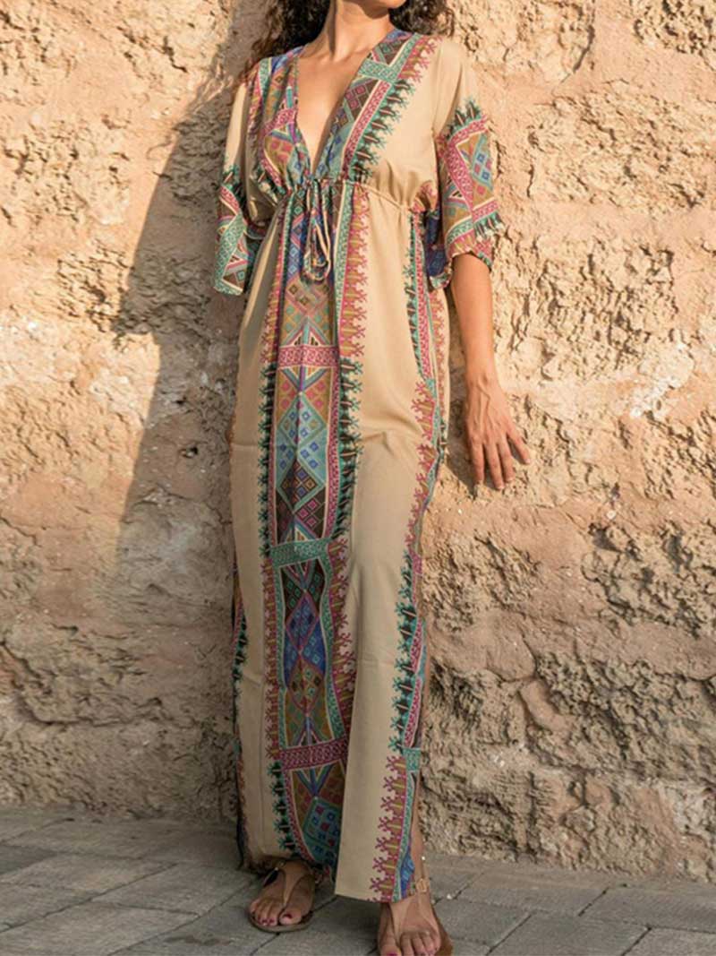 Bohemian Print Cotton Kaftan Dress