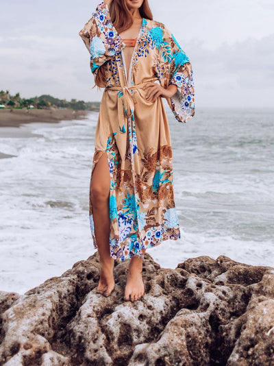 Evatrends cotton gown robe printed kimonos, Outerwear, Cotton, Nightwear, long kimono, long Sleeves, loose fitting, floral Print with Big bird on back, Belted