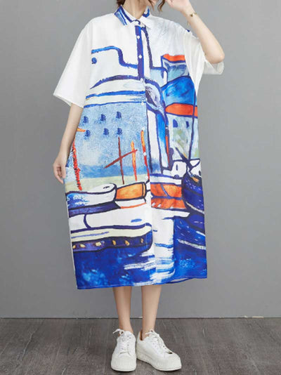 Abstract Art Print Cotton A-Line Shirt Dress