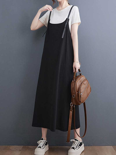 Plain Green and Black Hemp Material Salopette Dress