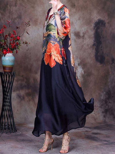 Eva trends maxi dress, Tencel dress, Polyester dress, Printed dress, Maxi dress, black Dress, Blue Dress, Long Dress, Summer dress, Medium Sleeves, Vintage Collection