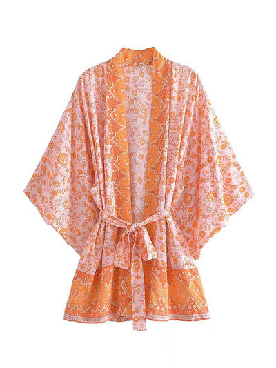 Evatrends cotton gown robe printed kimonos, Outerwear, Cotton, Nightwear, Short kimono, Board Sleeves, loose fitting, Printed, Floral, Belted