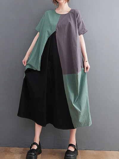 Plain Cotton Short Sleeves A-Line Dress