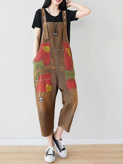 Dungarees cotton denim ripped jeans floral vintage retro style overall