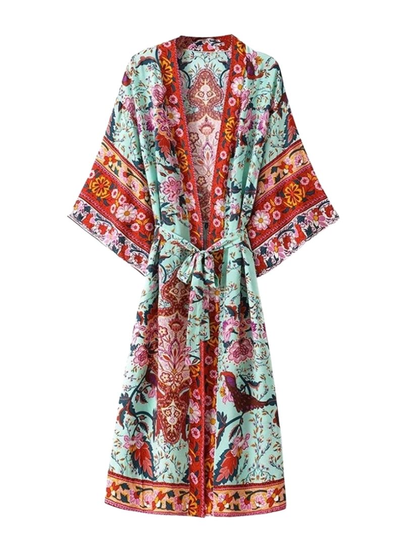 Evatrends cotton gown robe printed kimonos, Outerwear, Cotton, long sleeves, Nightwear, long kimono, Board Sleeves, Green, loose fitting, Printed, floral, belted, V-Collar