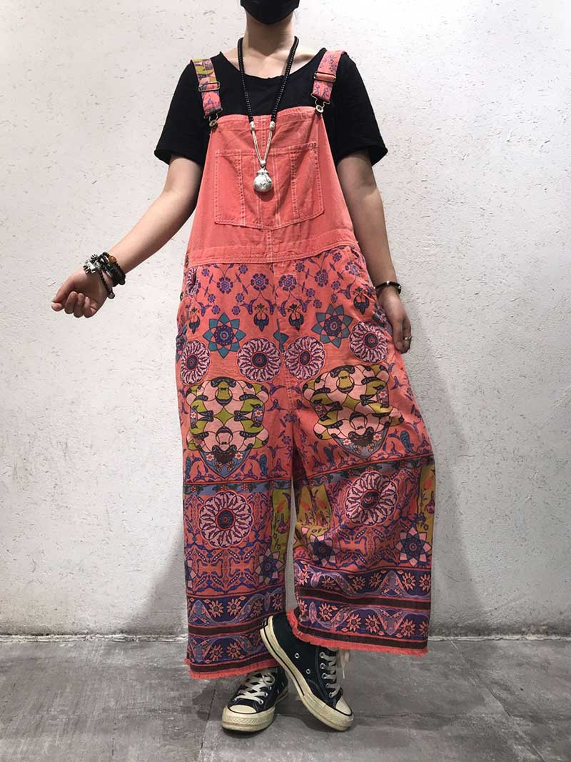 Dungarees cotton, floral, vintage, retro style overall, Ethnic Print, Adjustable Straps, Trousers