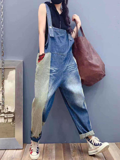 Dungarees cotton denim ripped jeans floral vintage retro style overall, Back and side pockets