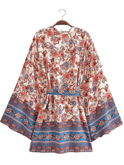 Evatrends cotton gown robe printed kimonos, Outerwear, Cotton, Nightwear, Short kimono, Board Sleeves, loose fitting, Printed, Floral, Belted