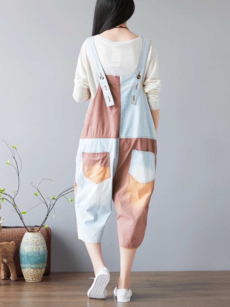 Colorblock Patch Cotton Overalls with Cropped Trousers