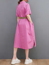 Cotton Collar-Neck Plain Shirt Dress - WHITE, YELLOW, ROSE-RED