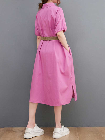 Cotton Collar-Neck Plain Shirt Dress - WHITE, YELLOW, ROSE-RED