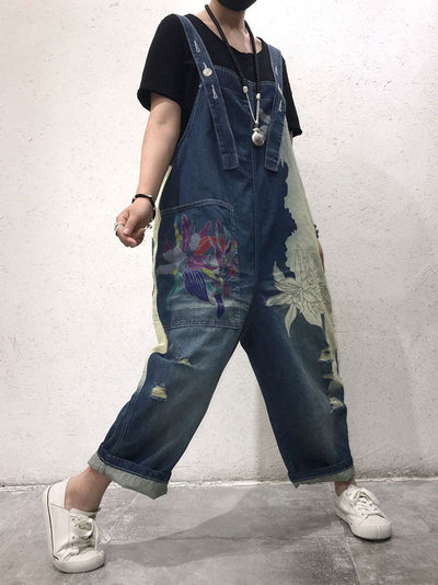 Dungarees cotton denim ripped jeans floral vintage retro style overall